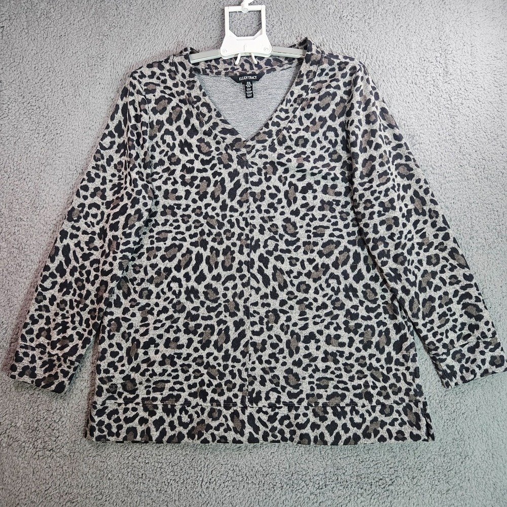 Ellen Tracy Tunic Top Blouse Women Size XL Pockets Tiger Print Gray Soft -XL